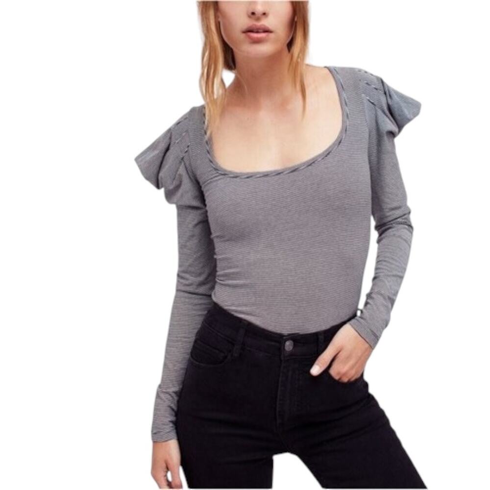 Free People Penelope Puff Sleeve Top Black White Stripe Baddie Feminine Grunge M
